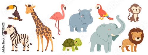 Cute jungle animals. Cartoon African wild mammals. Funny lion, zebra, happy elephant, monkey, nice hippo, toucan and parrot birds. Kids safari animal. Vector set