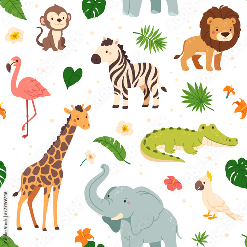 Jungle animals pattern. Funny cartoon seamless background with cute wild lion, funny monkey on liana, happy parrot and zebra. Safari wallpaper. Kids summer design, vector print © Foxy Fox
