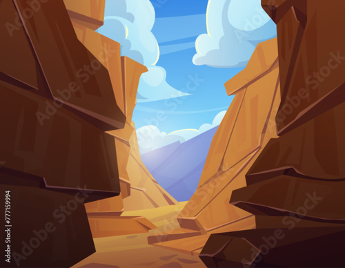 Desert landscape with canyon rock cartoon vector. Western scene with wild grand stone in dirty arizona national park valley. Rocky cliff and boulder formation scenery way for game design interface