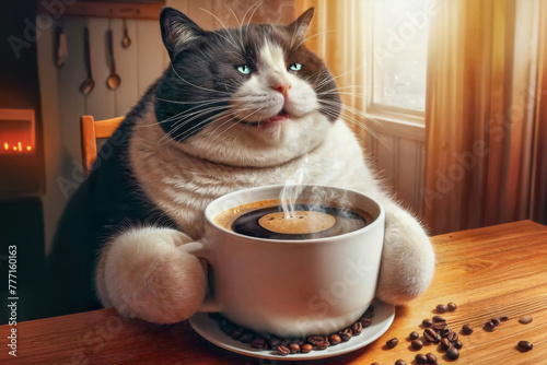 A large black and white cat sits at a wooden rustic table with a cup of coffee. The cat is happy