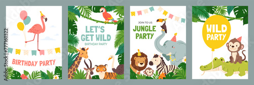 Invitation card with animals. Cute poster with baby jungle animal. Funny birthday invite template with wild lion  elephant  monkey  zebra. Kids backgrounds for holiday. Vector set
