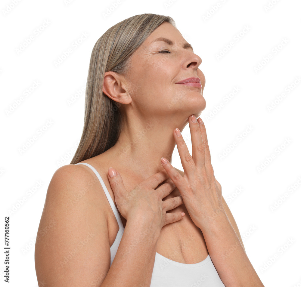 Beautiful woman touching her neck on white background Beautiful woman touching her neck on white background