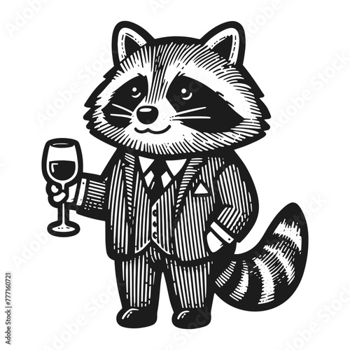 fancy raccoon in classic suit holding a wineglass illustration