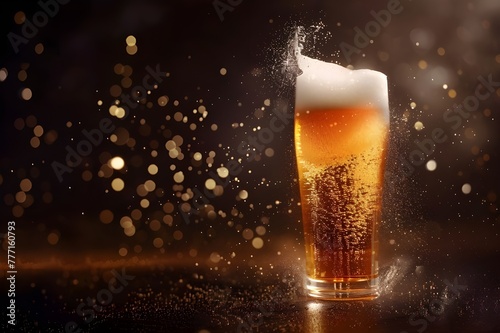 A single spot radiates a warm glow inside a glass full of chilled beer. Its foamy head was also filled with condensation. Create a calm atmosphere in a dimly lit bar.