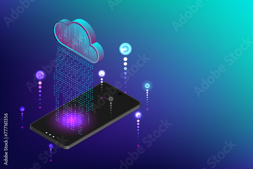 Hi-tech abstract background of cloud computing concept. Technology Connecting to cloud computing, downloading and uploading data on mobile device. Abstract 3d isometric vector illustration.