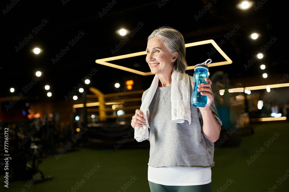 attractive senior cheerful woman with towel on shoulders holding water bottle and looking away
