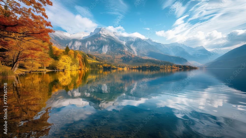 Crisp autumn air and vibrant fall foliage frame a serene alpine lake, reflecting the majesty of the surrounding mountains in its mirror-like waters