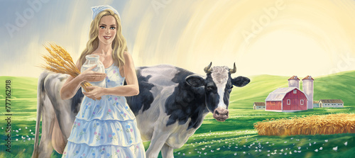 Milkmaid, holding a full jar of milk in her hands, and a sheaf with ears of wheat. With a cow and a farm in the background, early morning, sunrise. Raster illustration.