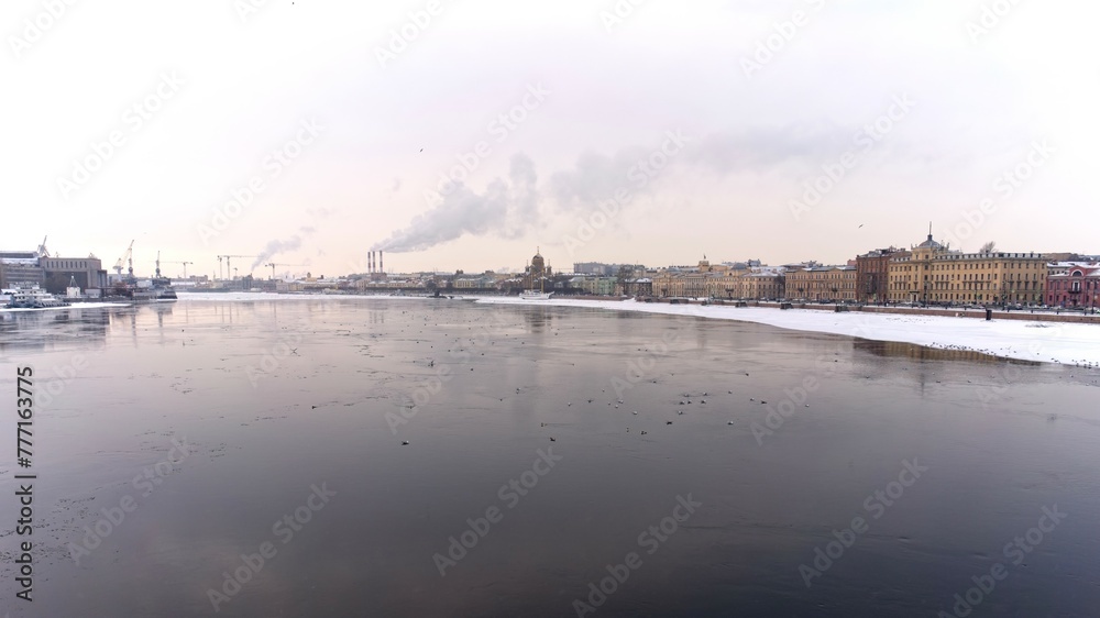 St. Petersburg, Russia, February 10, 2024. View of the Neva River from the Blagoveshchensky Bridge.