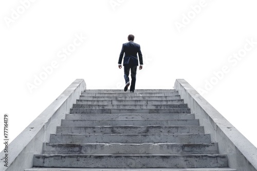 Businessman climbing the old concrete stairs isolated on white background