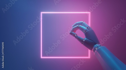 A mannequin holds a pink neon square frame against a geometrical backdrop. Futuristic technology wallpaper.
