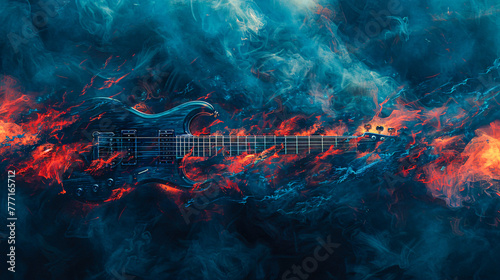 Electric guitar engulfed in flames, vibrant music concept, abstract fiery background