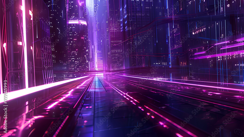 Futuristic city with city lights and neon lights ,Retro-Futuristic Techno Circuitry background. Immerse yourself in the vivid glow of  Magenta lines intricately weaving across a sleek 