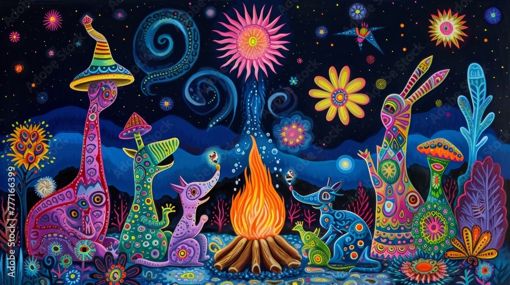 A painting of a colorful scene with animals and flowers, AI