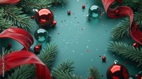 This 3D render features a blank red ribbon scroll  green spruce twigs  and Christmas ornaments glass balls.