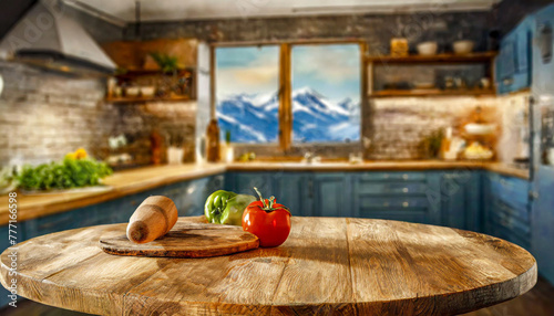 Wooden table surface with modern stove top on blurred background of modern kitchen interior with shelves with tableware