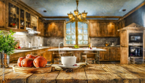 Wooden table surface with modern stove top on blurred background of modern kitchen interior with shelves with tableware