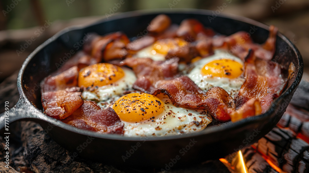 Camping breakfast with bacon and eggs in a cast iron skillet. Fried eggs in the forest.