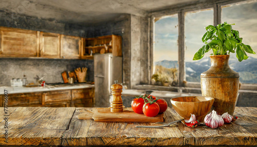 Wooden table surface with modern stove top on blurred background of modern kitchen interior with shelves with tableware © netsay