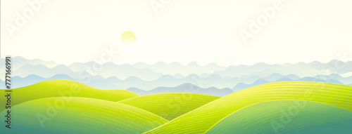 Hilly landscape with a panoramic format of mountain ranges in the fog. Raster illustration.