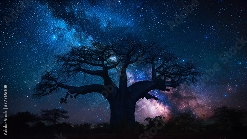 Majestic baobab tree silhouetted against a starry night sky.