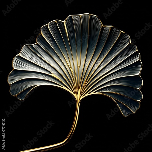 Metallic ginkgo biloba leaf metal metallic silver golden gold dark black background close up close-up pattern texture Logo AI generated 3d photo