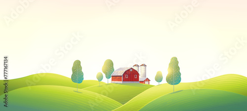 Rural summer landscape with a farm and agricultural fields on hills. Raster illustration.