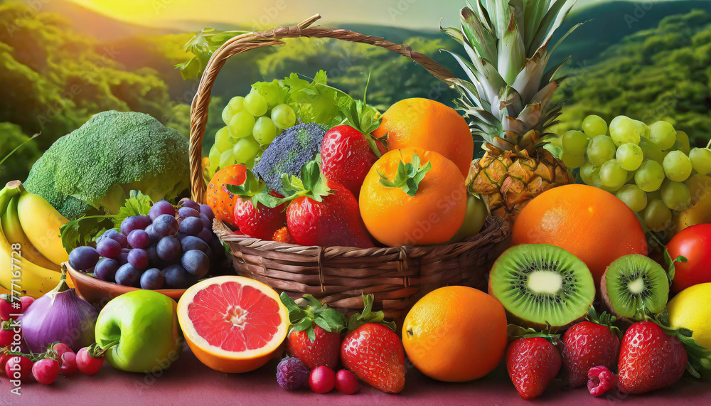 Top view different fresh fruits and vegetables organic on table top, Colorful various fresh vegetables for eating healthy and dieting Top view different fresh fruits and vegetables organic on table top, Colorful various fresh vegetables for eating healthy and dieting