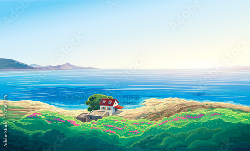 Summer seascape with a house on the sea coast and sea beach. Raster illustration.