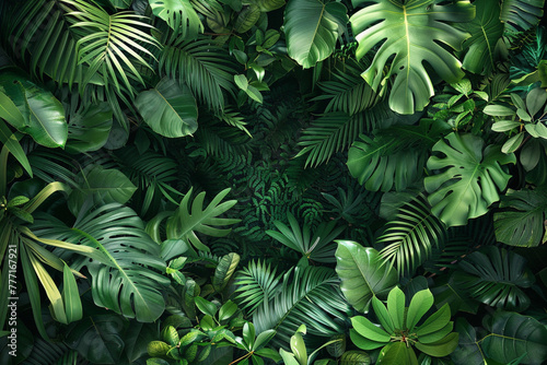 Tropical forest background  jungle background with border made of tropical leaves with empty space in center  copy space