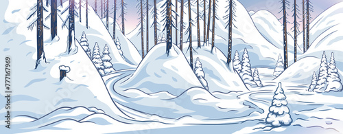 Winter hilly landscape with snow-capped hills, panoramic format. The harsh nature of the northern region. Raster illustration.