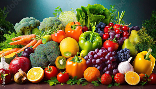 Top view different fresh fruits and vegetables organic on table top  Colorful various fresh vegetables for eating healthy and dieting