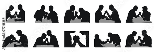 Set of wrestlers on arms, powerful handshake. Muscular strong people, men, male. Two muscular arms that are wrestling
