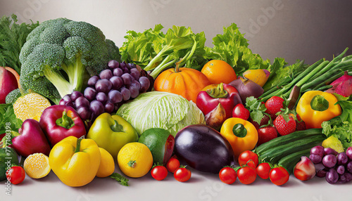 Top view different fresh fruits and vegetables organic on table top, Colorful various fresh vegetables for eating healthy and dieting