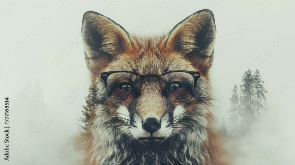 Fototapeta premium A close up of a fox with glasses and foggy background, AI