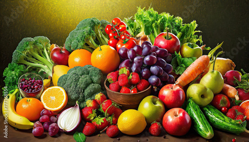 Top view different fresh fruits and vegetables organic on table top  Colorful various fresh vegetables for eating healthy and dieting