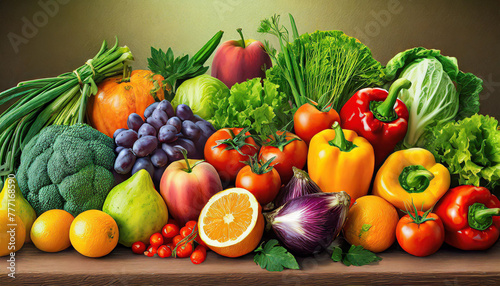 Top view different fresh fruits and vegetables organic on table top  Colorful various fresh vegetables for eating healthy and dieting