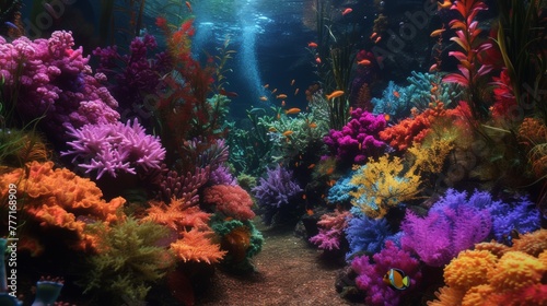 A path through a coral reef with many colorful fish  AI