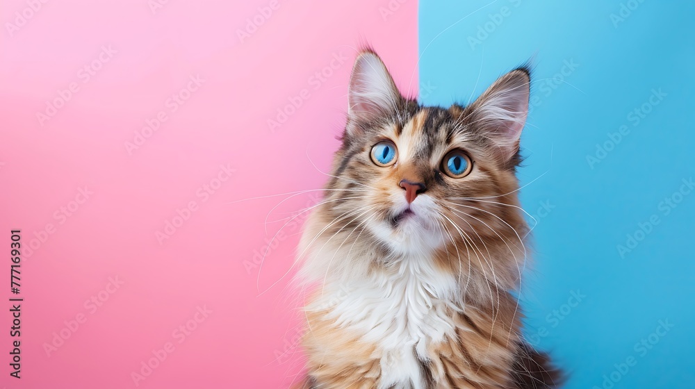 Long hair female calico or torbie cat staring with intense expression at something above on pink and blue background