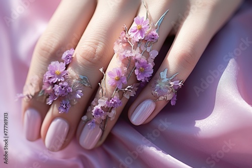 Female hands with lilac nail design. Glitter pink nail polish manicure with purple flowers.