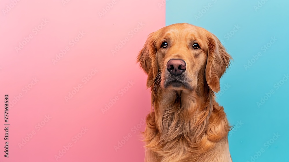 Portrait of a pretty male golden retriever dog looking at the camera on pink and blue background