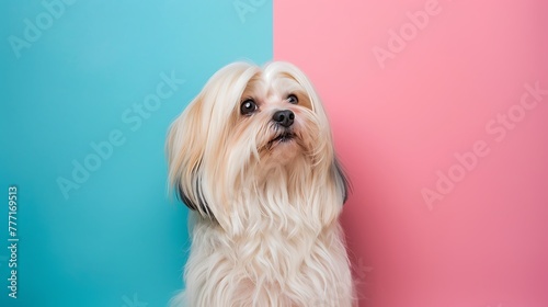 Portrait of a pretty longhaired Maltese dog on pink and blue background photo