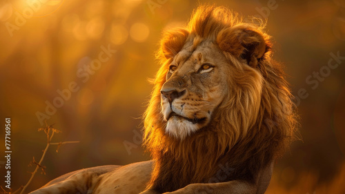 Majestic lion basking in golden sunlight.