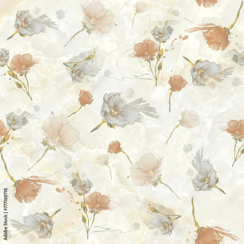 Modern contemporary Seamless pattern with ethereal wildflowers, leaves. vintage dry pressed wild flower plants, grass. Nature floral background