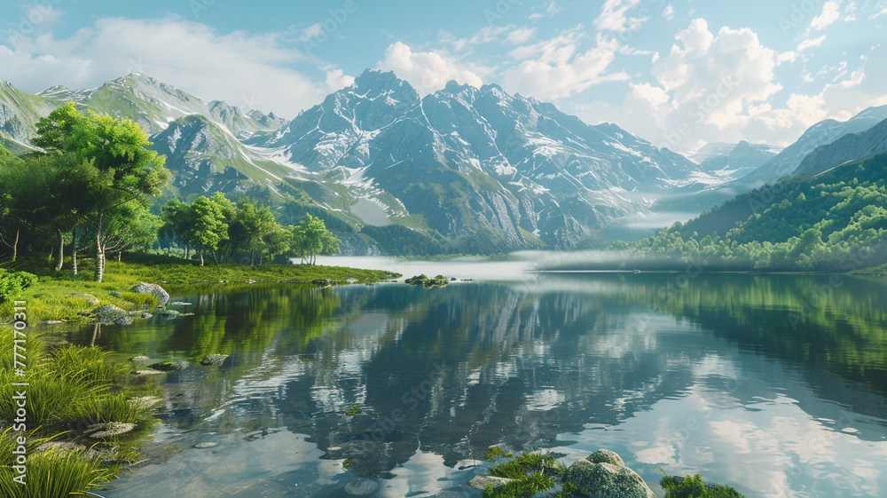 Majestic mountain range reflected in a calm alpine lake surrounded by lush greenery.