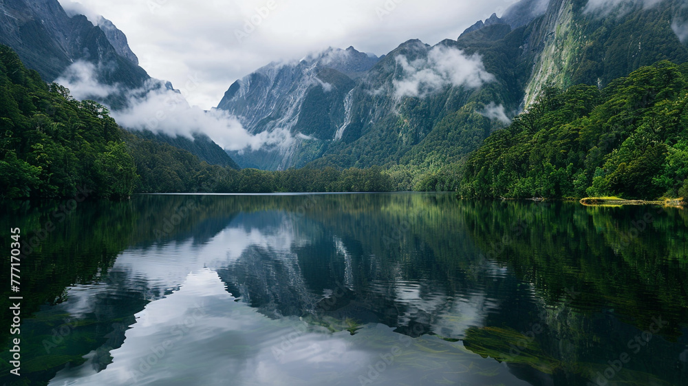 Majestic mountain range reflected in a calm alpine lake surrounded by lush greenery.