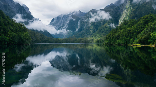 Majestic mountain range reflected in a calm alpine lake surrounded by lush greenery.