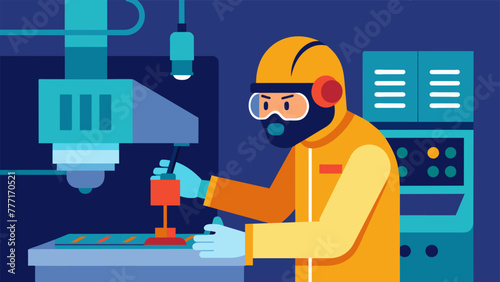 A skilled worker in protective gear skillfully uses a hightech machine to emble a custom product in a brightly lit microfactory.