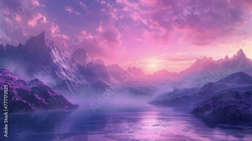 3D render, abstract panoramic background with lake, mountains and pink violet sunset sun. Mystical horizontal wallpaper.