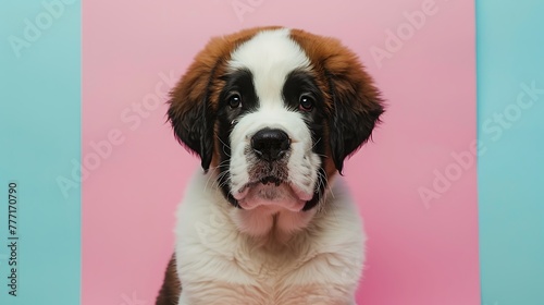 Saint Bernard puppy dog portrait looking at the camera on pink and blue background